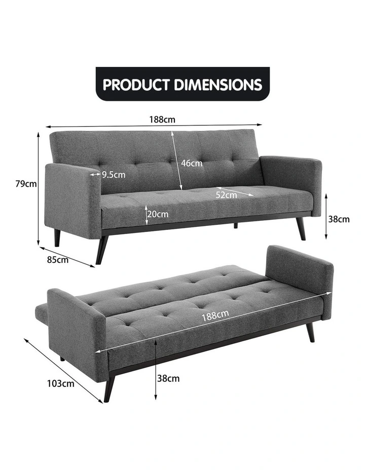 Sarantino Tufted Faux Linen 3-Seater Sofa Bed with Armrests - Light Grey image 3