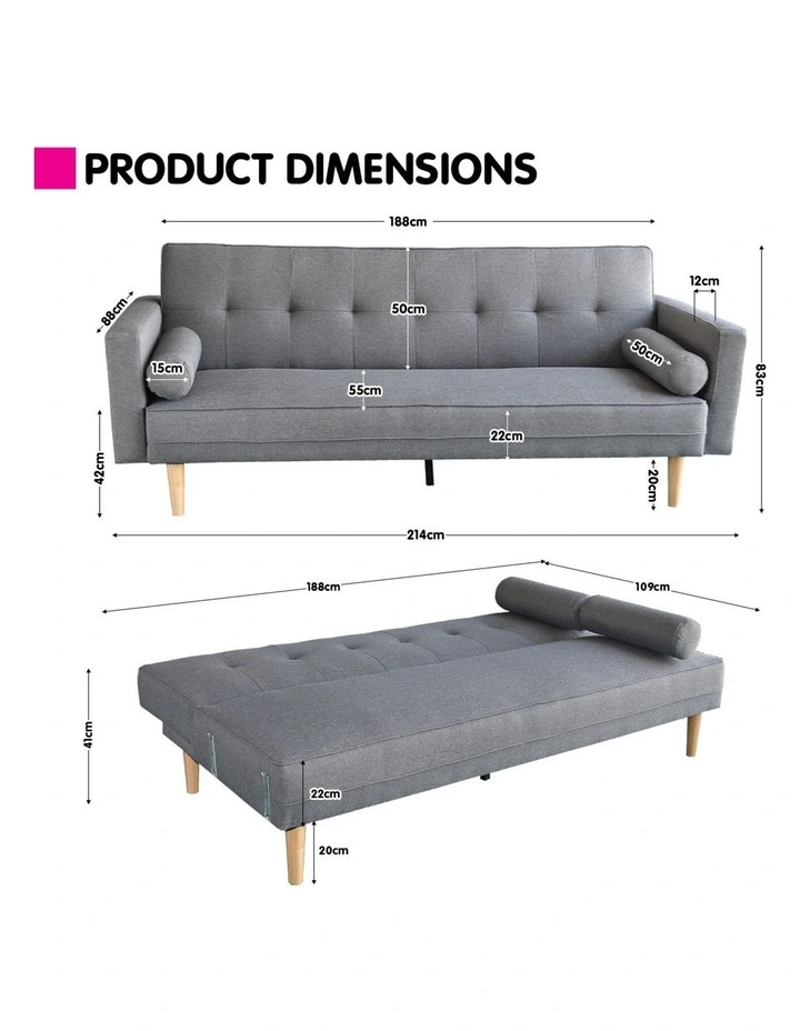 Sarantino 3 Seater Linen Sofa Bed Couch with Pillows - Light Grey image 3