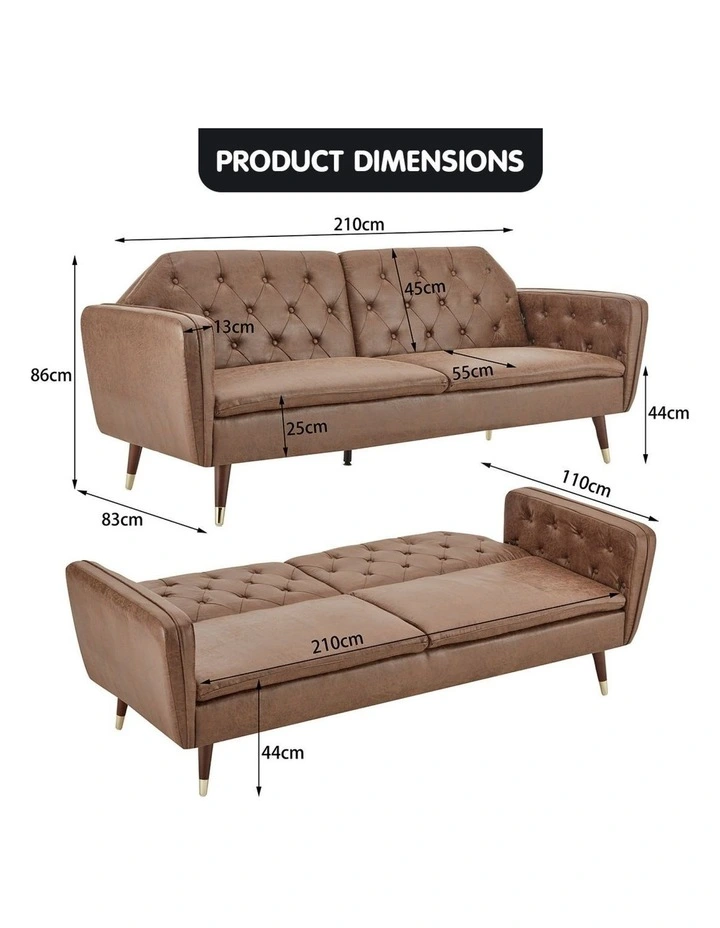 Sarantino Faux Velvet Tufted Sofa Bed Couch Futon - Brown image 3