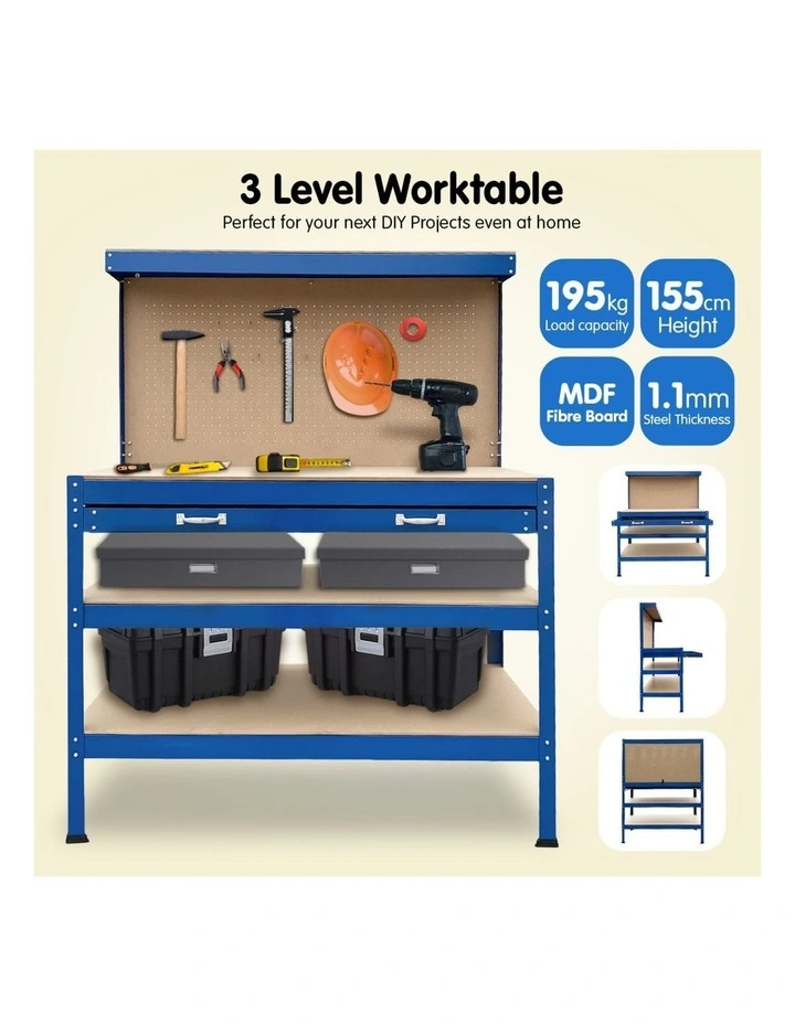 3-Layered Work Bench Garage Storage Table Tool Shop Shelf Blue image 3