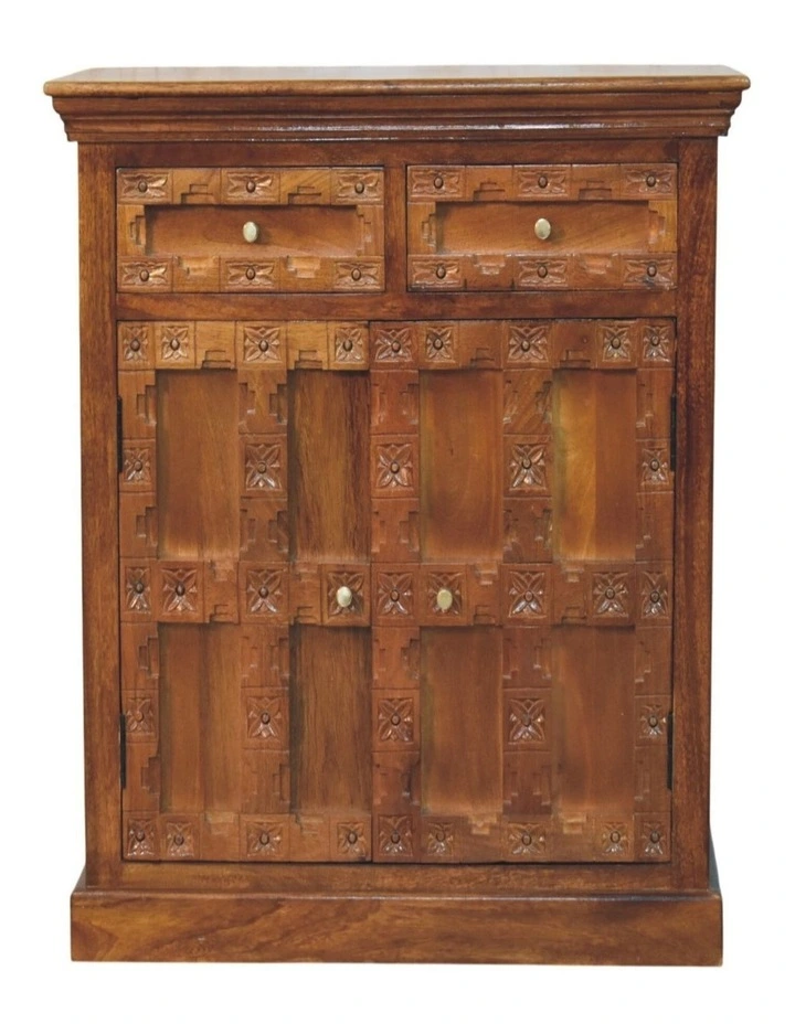 Artisan Furniture Solid Wood Amber Oak Heritage Carved Cabinet, 2 Drawers & 2 Doors, Brown image 1