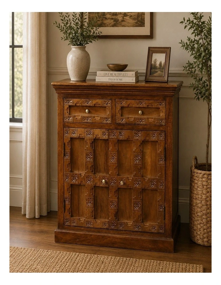 Artisan Furniture Solid Wood Amber Oak Heritage Carved Cabinet, 2 Drawers & 2 Doors, Brown image 2
