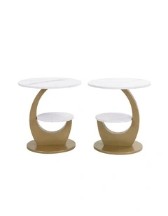 Set of 2 2 Tier Round Side Table with Marble-Look MDF Top, 2 Piece White End Table with Lower Shelf