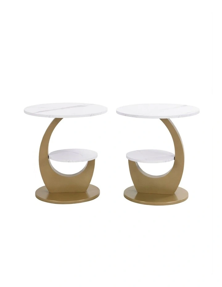 Set of 2 2 Tier Round Side Table with Marble-Look MDF Top, 2 Piece White End Table with Lower Shelf image 1