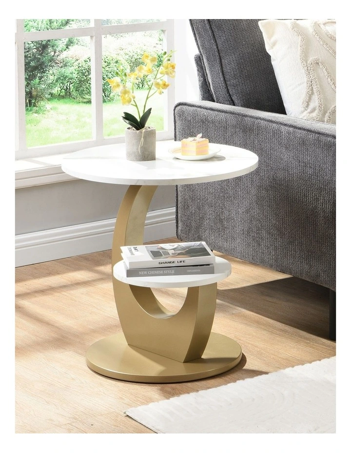 Set of 2 2 Tier Round Side Table with Marble-Look MDF Top, 2 Piece White End Table with Lower Shelf image 2
