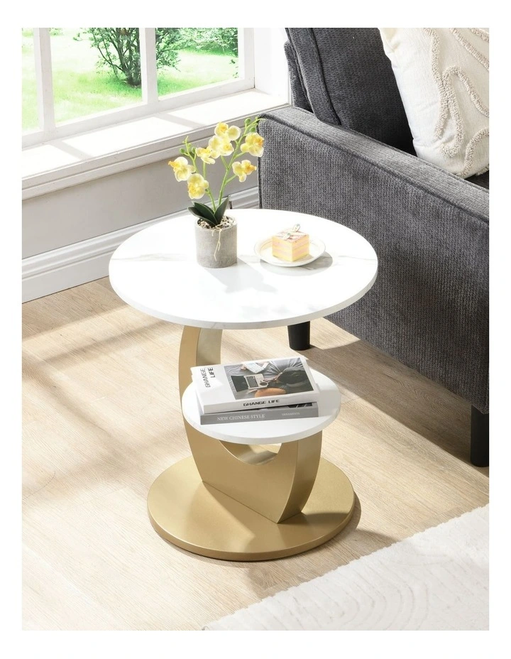 Set of 2 2 Tier Round Side Table with Marble-Look MDF Top, 2 Piece White End Table with Lower Shelf image 3