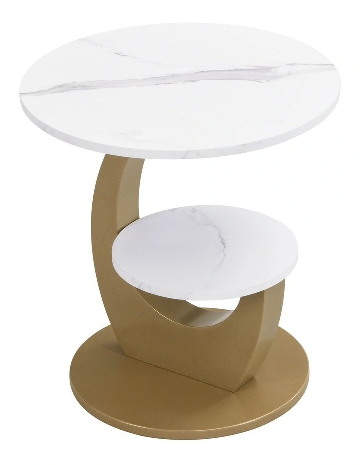 Set of 2 2 Tier Round Side Table with Marble-Look MDF Top, 2 Piece White End Table with Lower Shelf image 4