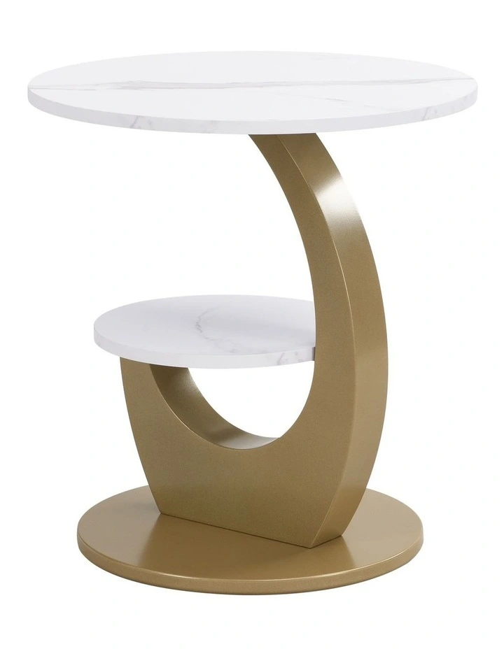 Set of 2 2 Tier Round Side Table with Marble-Look MDF Top, 2 Piece White End Table with Lower Shelf image 6
