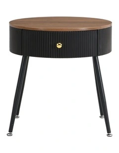 Round Bedside Table with Drawer, Modern Nightstand with Black Fluted Frame, Brown Tabletop