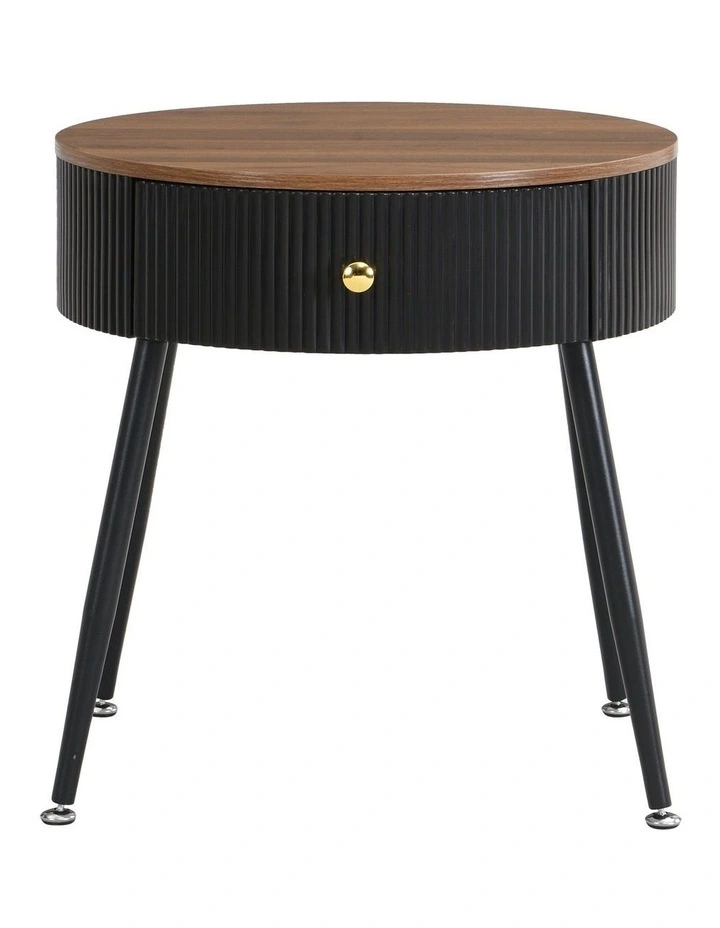 Round Bedside Table with Drawer, Modern Nightstand with Black Fluted Frame, Brown Tabletop image 1