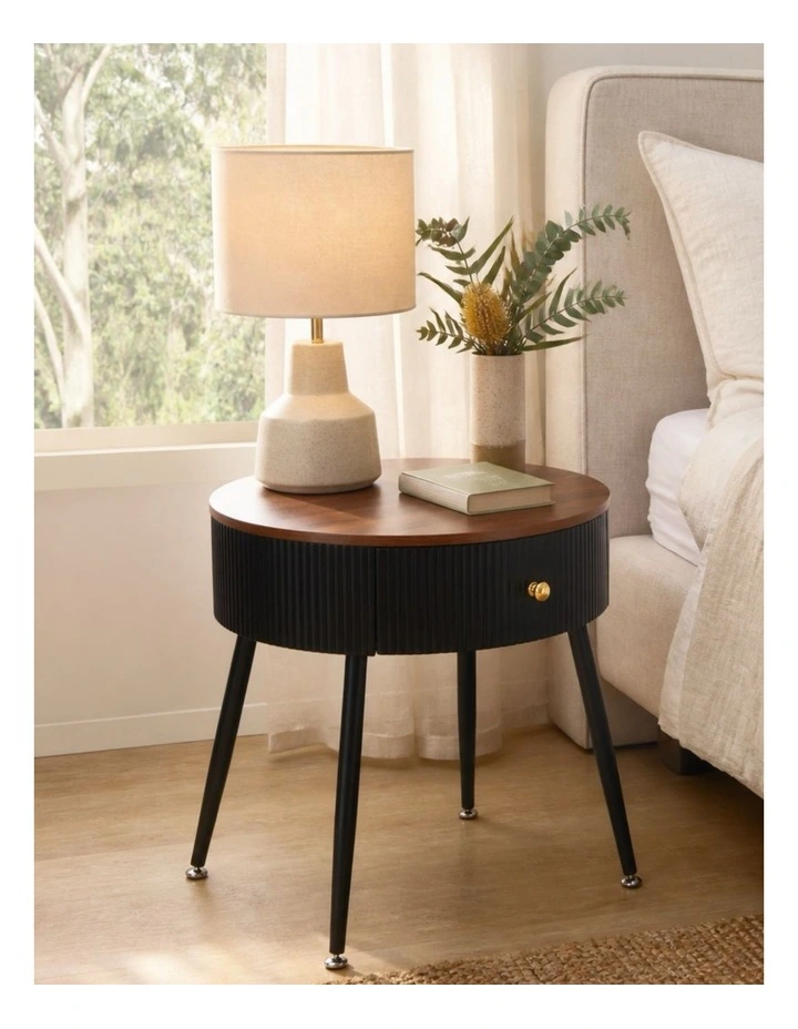 Round Bedside Table with Drawer, Modern Nightstand with Black Fluted Frame, Brown Tabletop image 2