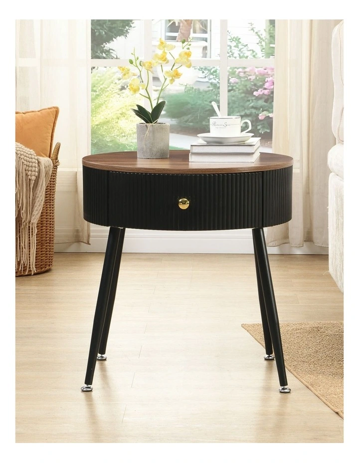Round Bedside Table with Drawer, Modern Nightstand with Black Fluted Frame, Brown Tabletop image 3