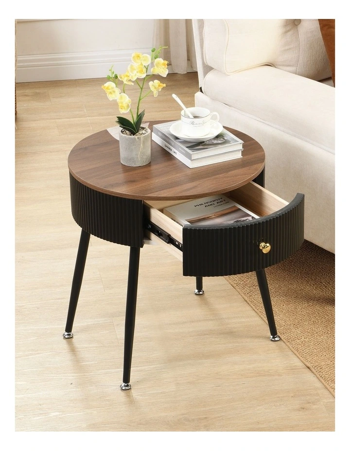 Round Bedside Table with Drawer, Modern Nightstand with Black Fluted Frame, Brown Tabletop image 4