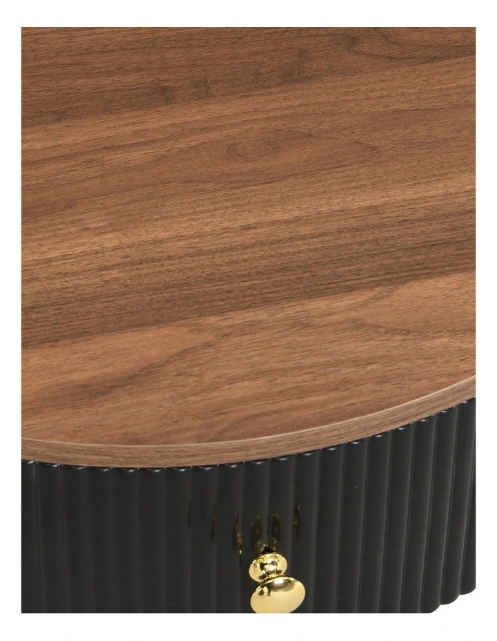 Round Bedside Table with Drawer, Modern Nightstand with Black Fluted Frame, Brown Tabletop image 5