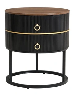 Round Bedside Table with 2 Drawers, Black Fluted Nightstand with Brown Woodgrain Top, Brown