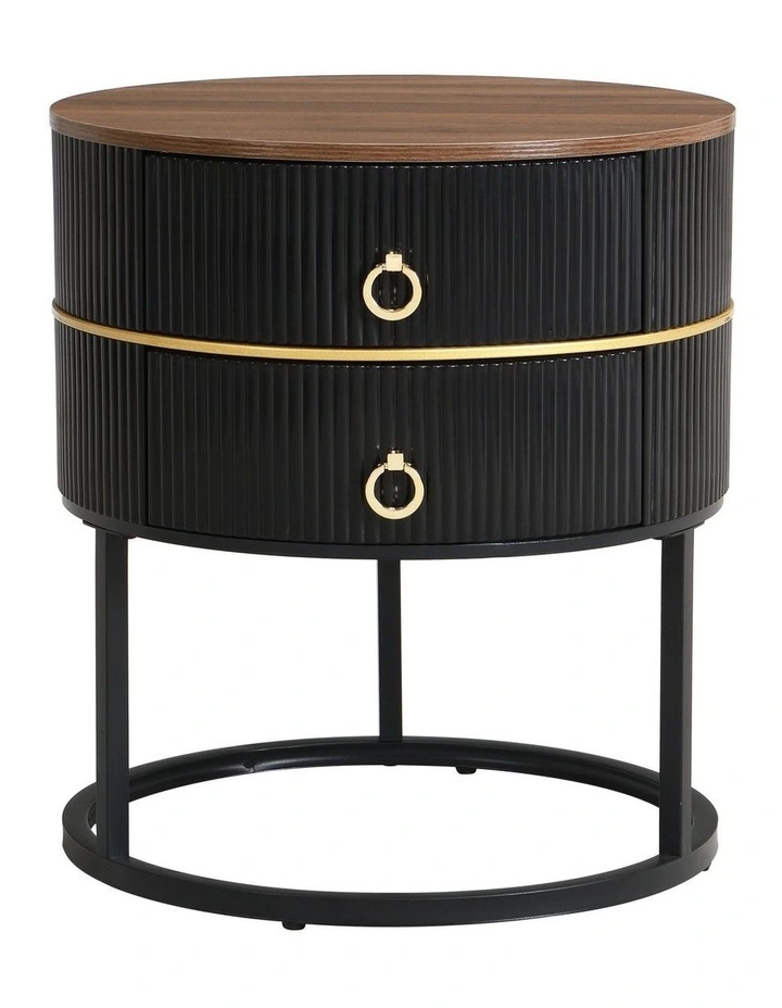 Round Bedside Table with 2 Drawers, Black Fluted Nightstand with Brown Woodgrain Top, Brown image 1