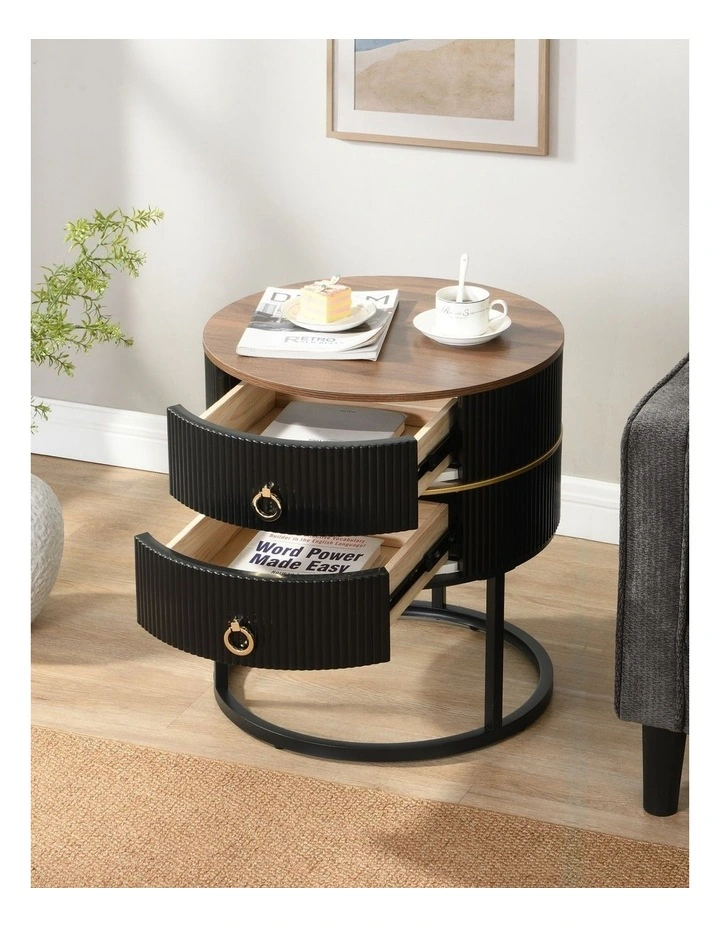 Round Bedside Table with 2 Drawers, Black Fluted Nightstand with Brown Woodgrain Top, Brown image 2