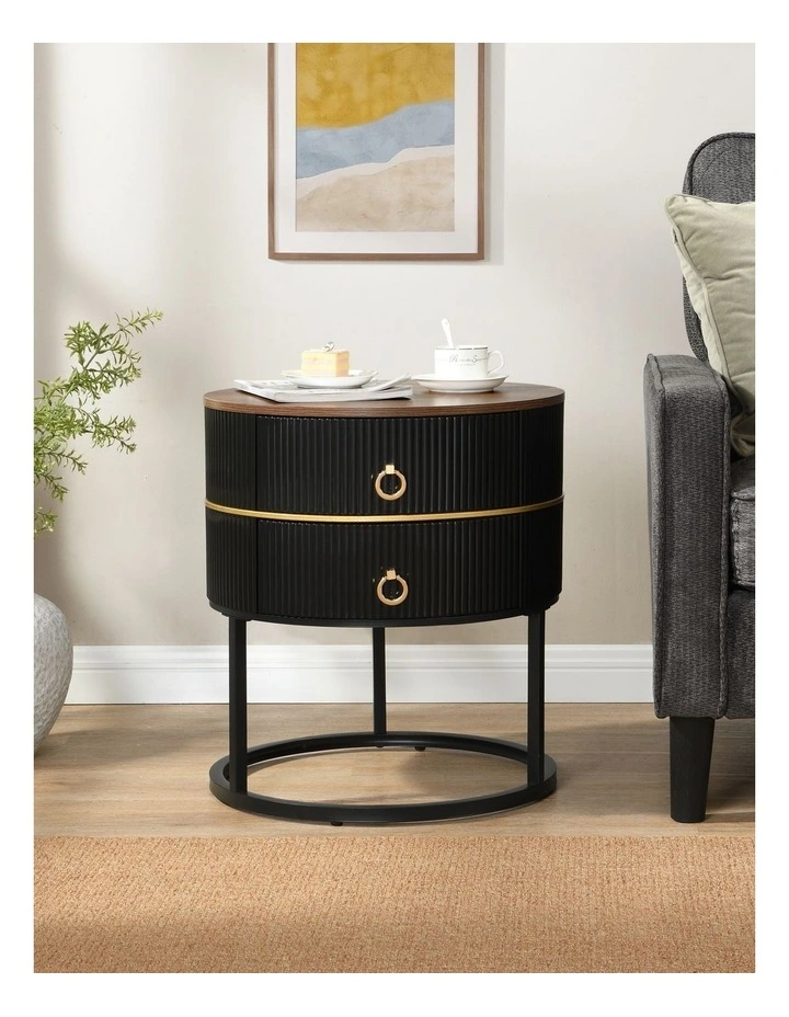 Round Bedside Table with 2 Drawers, Black Fluted Nightstand with Brown Woodgrain Top, Brown image 3