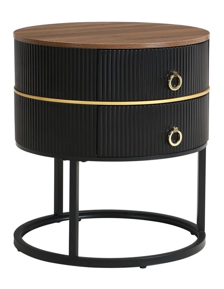 Round Bedside Table with 2 Drawers, Black Fluted Nightstand with Brown Woodgrain Top, Brown image 4