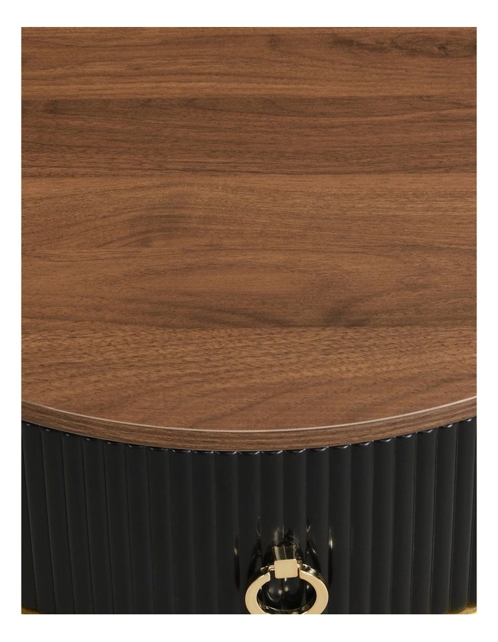 Round Bedside Table with 2 Drawers, Black Fluted Nightstand with Brown Woodgrain Top, Brown image 5
