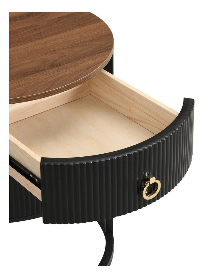 Round Bedside Table with 2 Drawers, Black Fluted Nightstand with Brown Woodgrain Top, Brown image 7