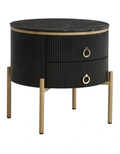 Round Bedside Table with 2 Drawers, Black Fluted Nightstand with Marble-Look MDF Top