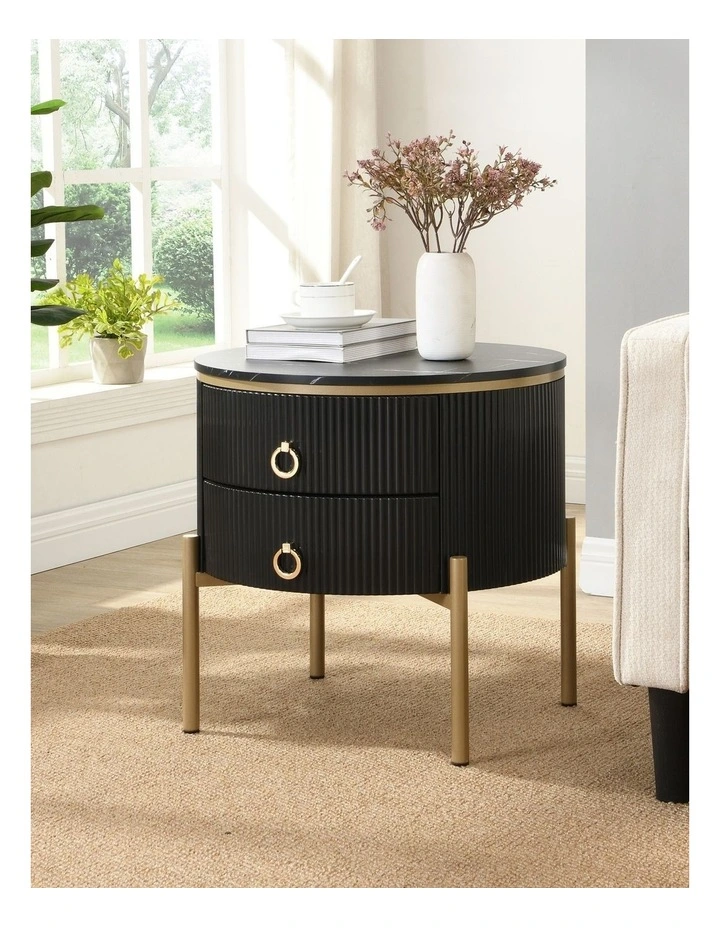 Round Bedside Table with 2 Drawers, Black Fluted Nightstand with Marble-Look MDF Top image 2