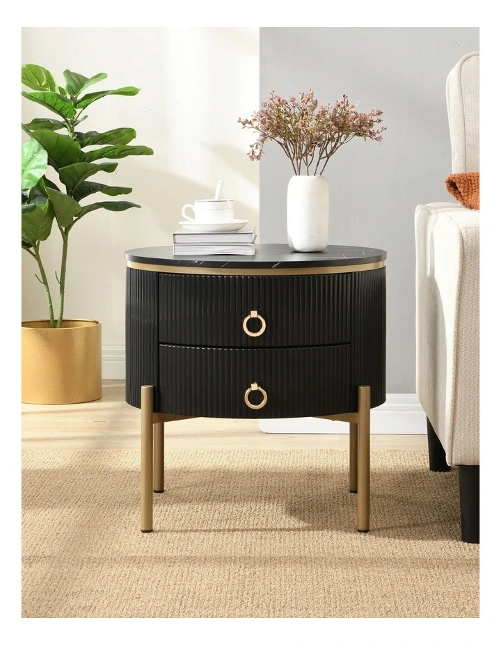 Round Bedside Table with 2 Drawers, Black Fluted Nightstand with Marble-Look MDF Top image 3