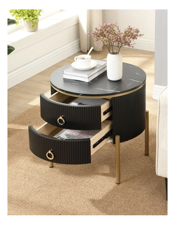 Round Bedside Table with 2 Drawers, Black Fluted Nightstand with Marble-Look MDF Top image 4