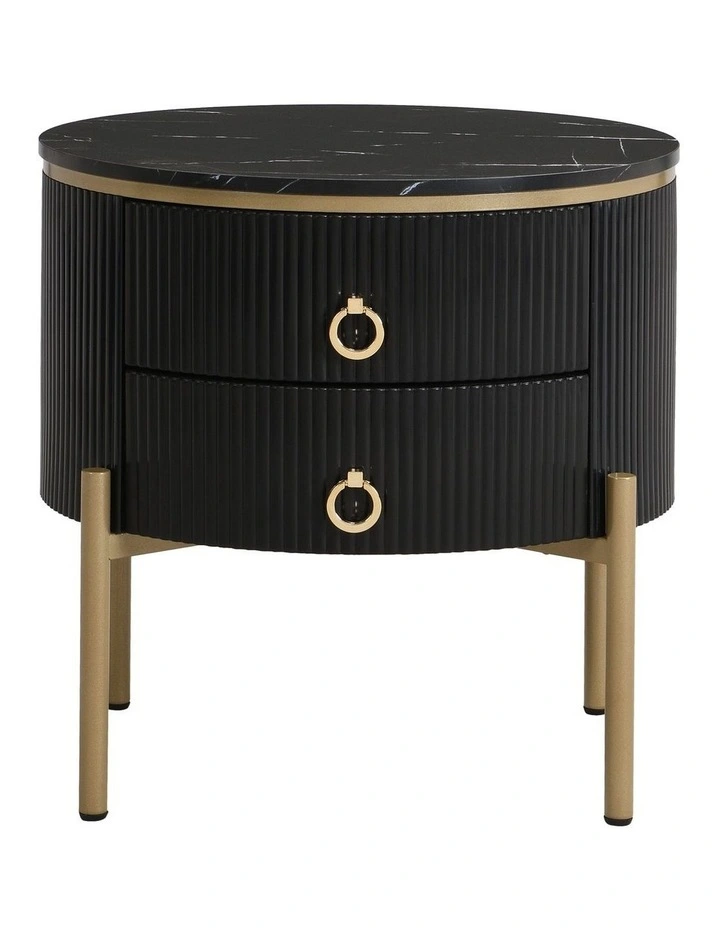 Round Bedside Table with 2 Drawers, Black Fluted Nightstand with Marble-Look MDF Top image 5