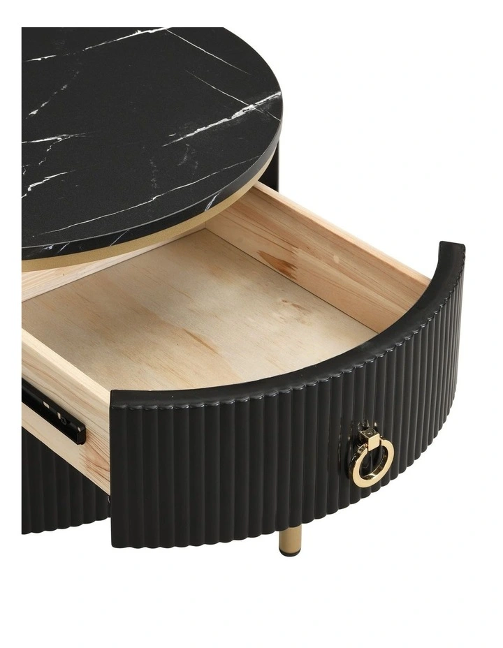 Round Bedside Table with 2 Drawers, Black Fluted Nightstand with Marble-Look MDF Top image 6