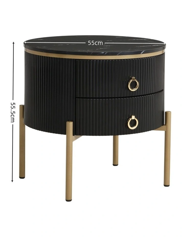 Round Bedside Table with 2 Drawers, Black Fluted Nightstand with Marble-Look MDF Top image 7