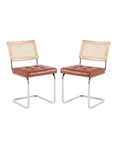 Rattan Cane Back Dining Chair, Tufted Upholstered Dining Chair with Chrome Cantilever Frame, Brown