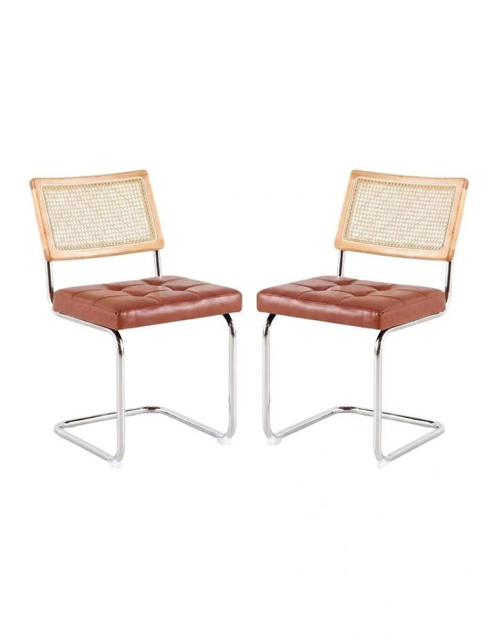 Rattan Cane Back Dining Chair, Tufted Upholstered Dining Chair with Chrome Cantilever Frame, Brown image 1