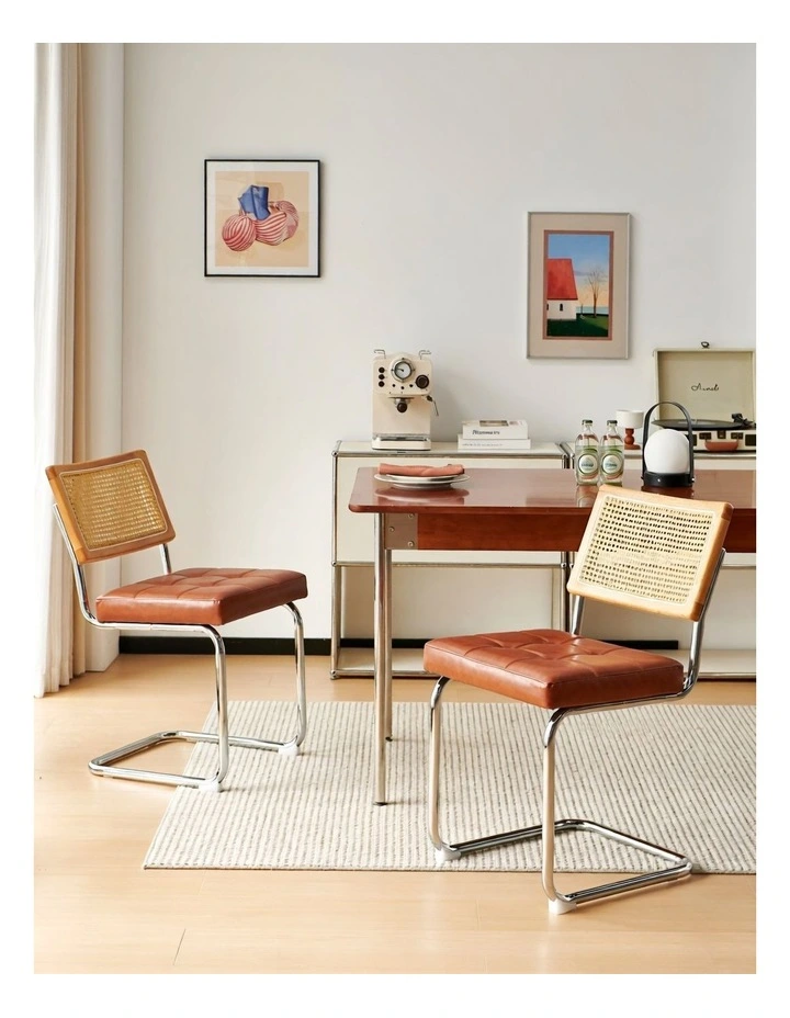 Rattan Cane Back Dining Chair, Tufted Upholstered Dining Chair with Chrome Cantilever Frame, Brown image 2