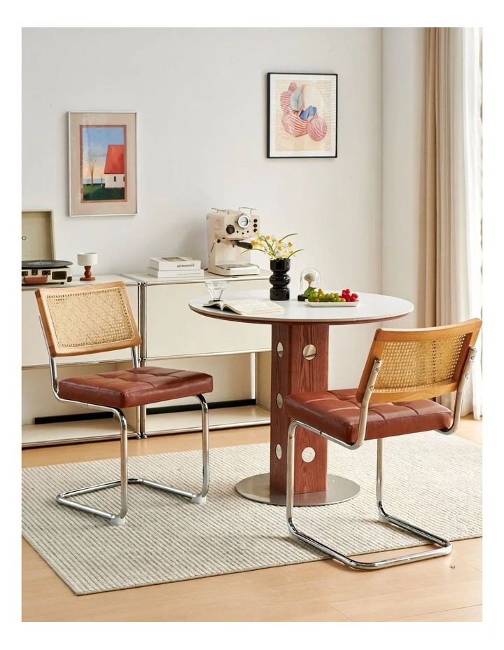 Rattan Cane Back Dining Chair, Tufted Upholstered Dining Chair with Chrome Cantilever Frame, Brown image 3