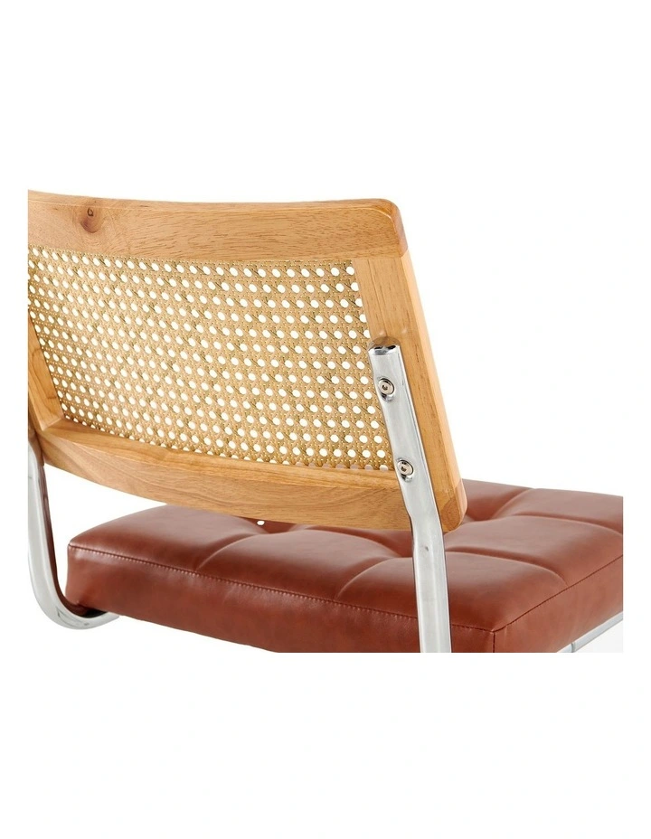 Rattan Cane Back Dining Chair, Tufted Upholstered Dining Chair with Chrome Cantilever Frame, Brown image 4