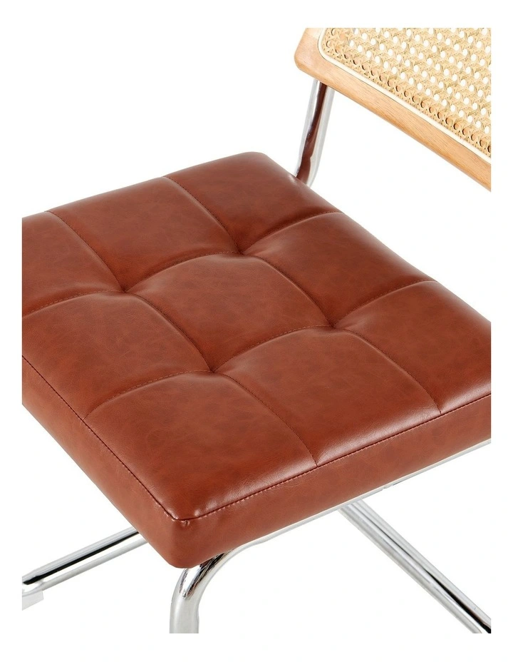 Rattan Cane Back Dining Chair, Tufted Upholstered Dining Chair with Chrome Cantilever Frame, Brown image 5