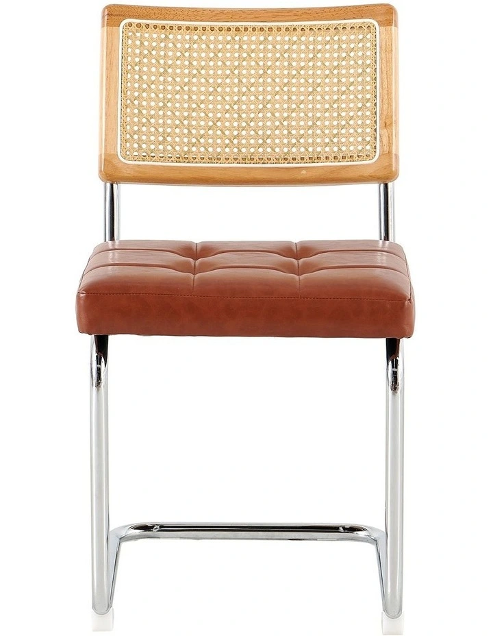 Rattan Cane Back Dining Chair, Tufted Upholstered Dining Chair with Chrome Cantilever Frame, Brown image 6