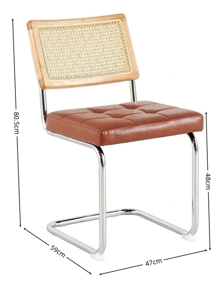 Rattan Cane Back Dining Chair, Tufted Upholstered Dining Chair with Chrome Cantilever Frame, Brown image 7