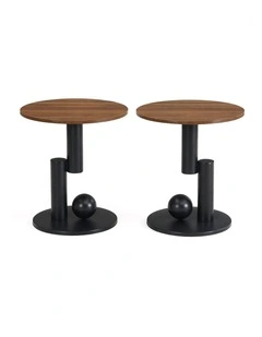 Set of 2 Round Side Table with Brown Woodgrain Top, Walnut-Look End Table with Black Pedestal Base