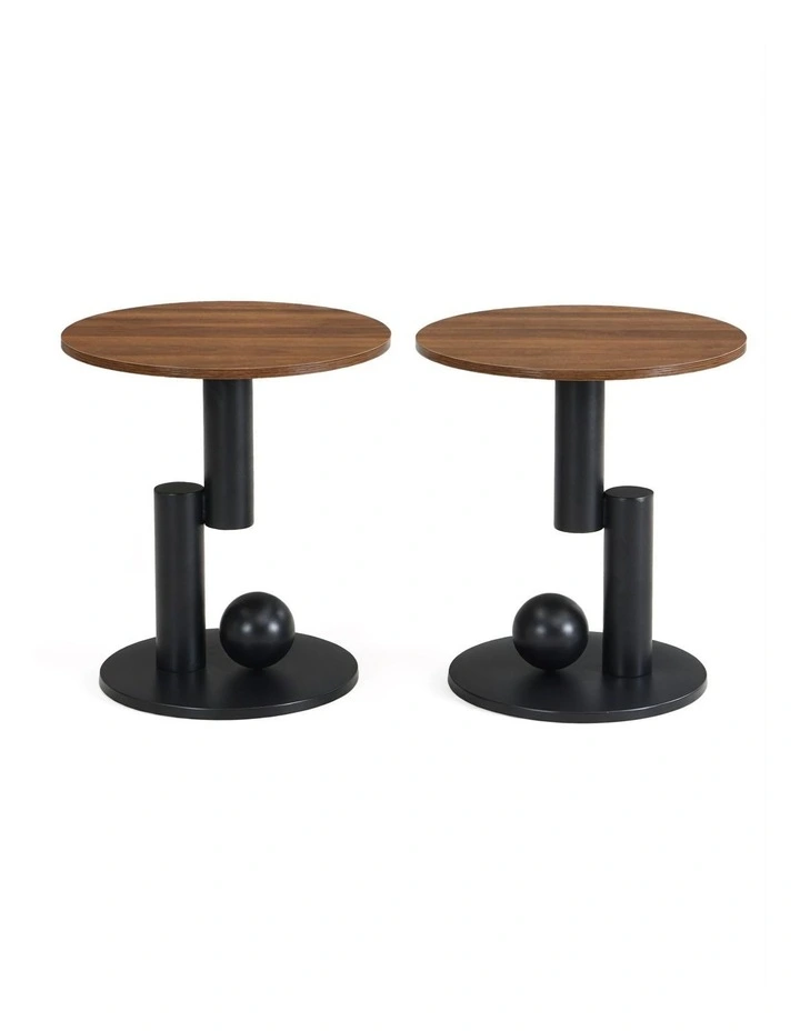 Set of 2 Round Side Table with Brown Woodgrain Top, Walnut-Look End Table with Black Pedestal Base image 1