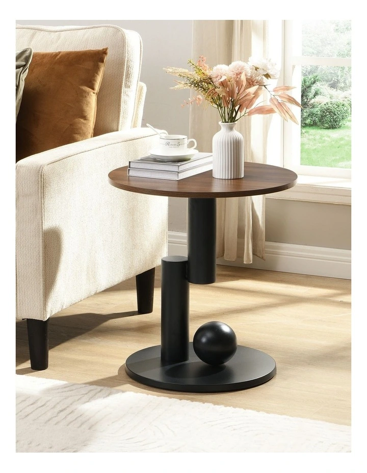 Set of 2 Round Side Table with Brown Woodgrain Top, Walnut-Look End Table with Black Pedestal Base image 2