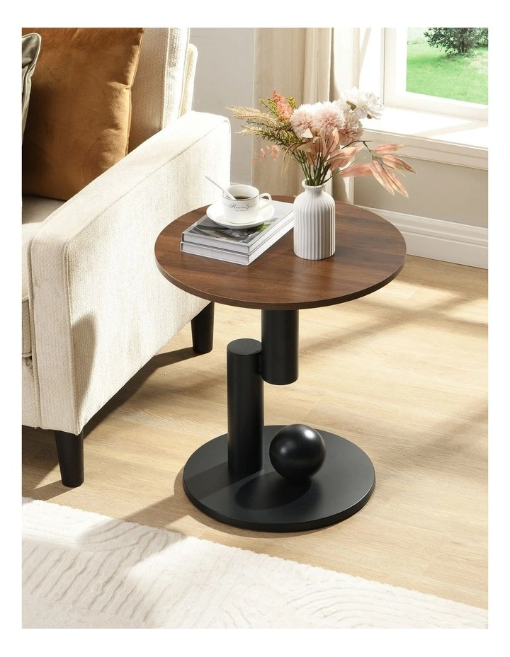 Set of 2 Round Side Table with Brown Woodgrain Top, Walnut-Look End Table with Black Pedestal Base image 3