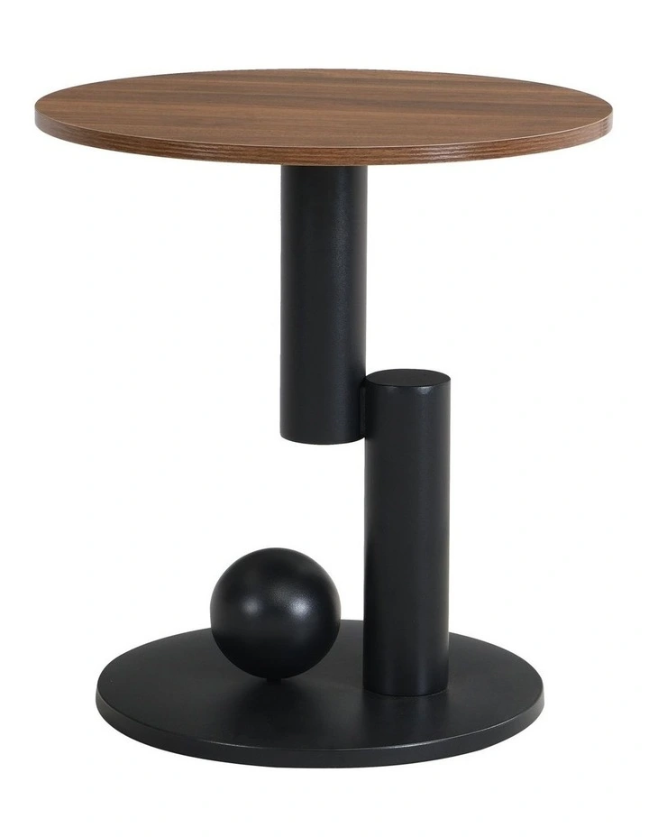 Set of 2 Round Side Table with Brown Woodgrain Top, Walnut-Look End Table with Black Pedestal Base image 6