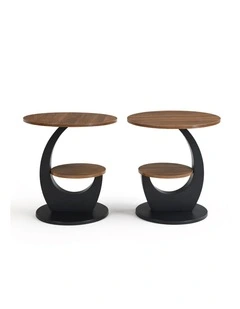 Set of 2 2 Tier Round Side Table with Brown Woodgrain Top, 2 Piece Black Curved Base and Lower Shelf