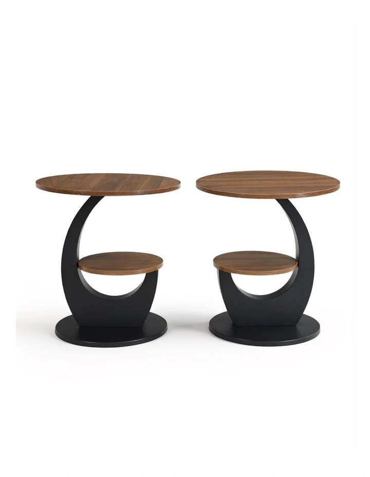 Set of 2 2 Tier Round Side Table with Brown Woodgrain Top, 2 Piece Black Curved Base and Lower Shelf image 1