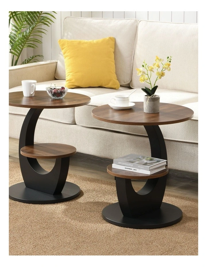 Set of 2 2 Tier Round Side Table with Brown Woodgrain Top, 2 Piece Black Curved Base and Lower Shelf image 2