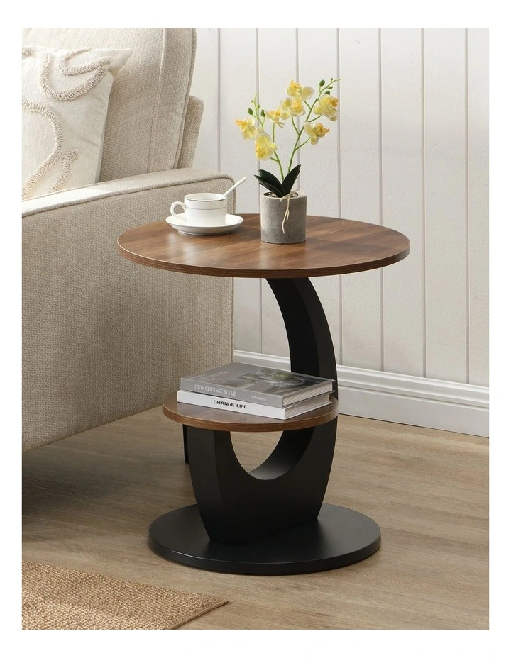 Set of 2 2 Tier Round Side Table with Brown Woodgrain Top, 2 Piece Black Curved Base and Lower Shelf image 3