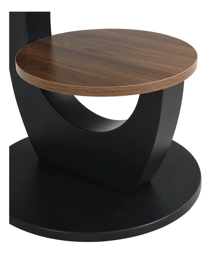 Set of 2 2 Tier Round Side Table with Brown Woodgrain Top, 2 Piece Black Curved Base and Lower Shelf image 4
